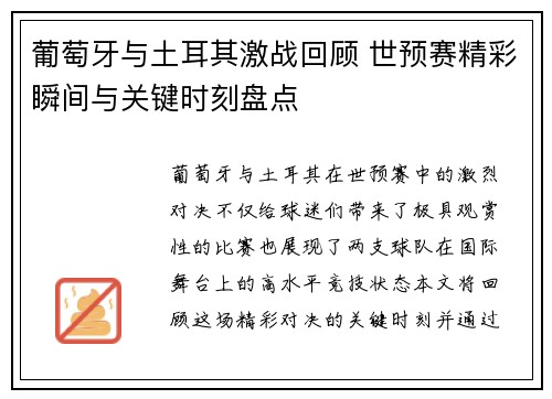 葡萄牙与土耳其激战回顾 世预赛精彩瞬间与关键时刻盘点