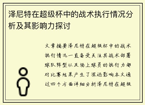 泽尼特在超级杯中的战术执行情况分析及其影响力探讨