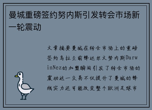 曼城重磅签约努内斯引发转会市场新一轮震动